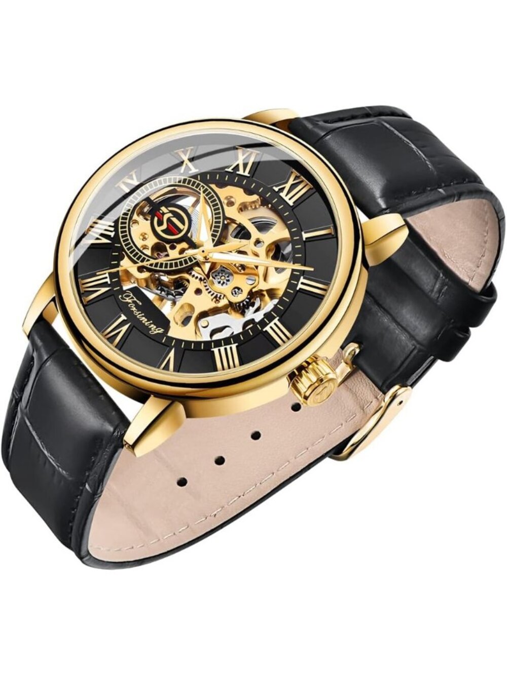 Men's Gold Black Leather Strap Classic Roman Numeral Steampunk Mechanical Watch
